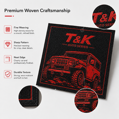 Premium Custom Woven Brand Labels for Auto Series Clothing Off-Road Jackets Hats Bags and Fashion Branding